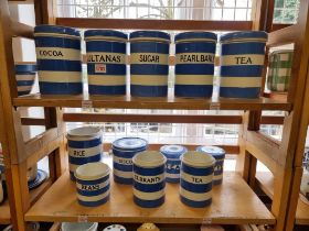 Twelve T G Green & Co Cornishware storage jars and eight covers, largest 17.5cm high.