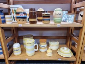 A group of T G Green & Co pottery, to include Yellow Cornishware; Banded ware 'Roulette' pattern;