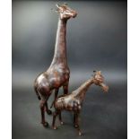 Two Liberty style tan leather giraffes, in the manner of Omersa, largest 74cm high.