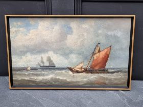 J Schatz, sailing boats off a harbour, indistinctly signed, labelled verso, oil on board, 30 x 50.