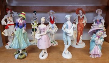 Six Royal Doulton figures; together with three Royal Worcester figures from 'The Pizzazz