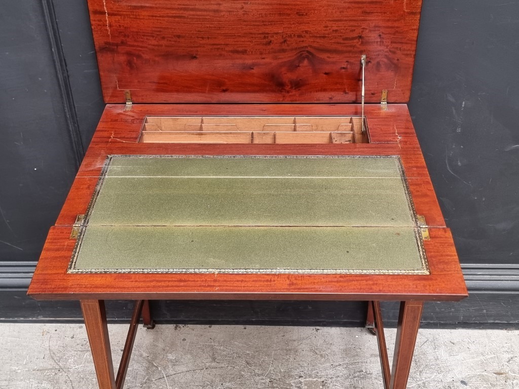 An Edwardian mahogany and inlaid writing desk, with foldover top, 69cm wide. - Image 7 of 8