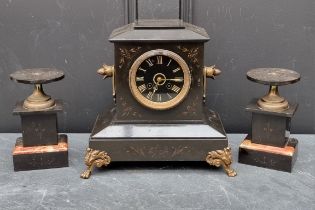 A late Victorian slate and brass mantel clock, 28.5cm high; together with a similar pair of side