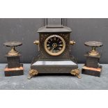 A late Victorian slate and brass mantel clock, 28.5cm high; together with a similar pair of side