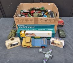 Diecast: a large box of diecast vehicles, to include military, heavy goods, aircraft, cars and vans,
