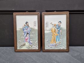 Chinese School, figures in a river landscape, a pair, signed and inscribed, painted porcelain, 34