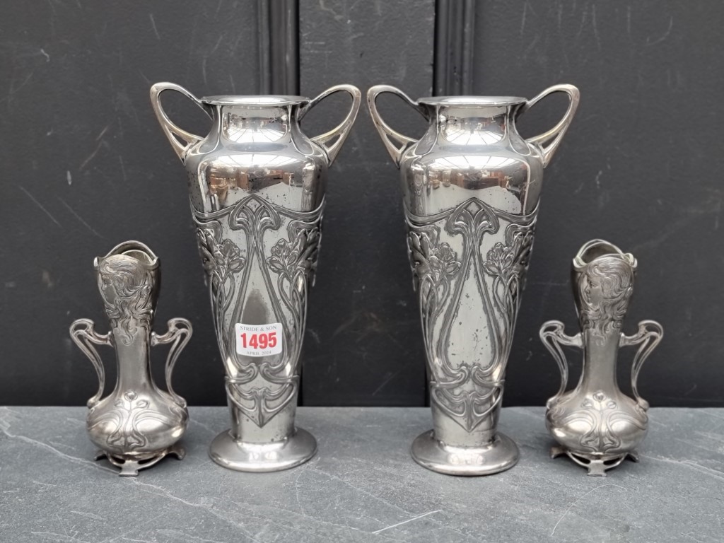 Two pairs of WMF Art Nouveau electroplated vases, largest 25cm. (4)