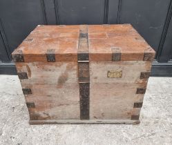 A large antique oak and metal bound silver strong box, 64cm high x 86cm wide x 60cm deep.