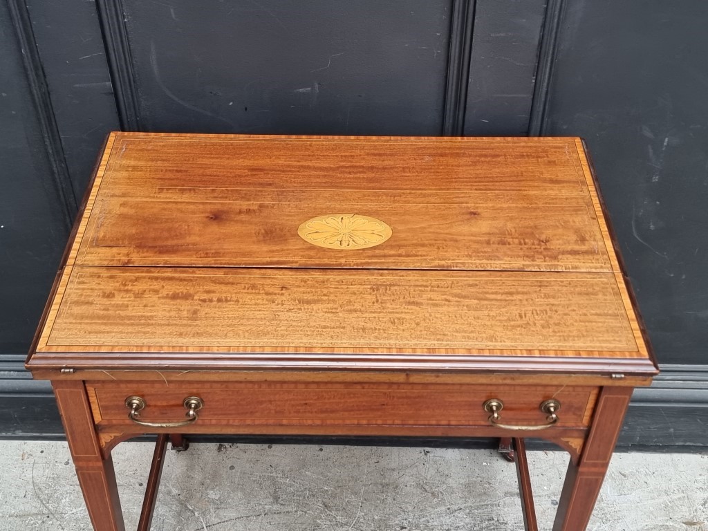 An Edwardian mahogany and inlaid writing desk, with foldover top, 69cm wide. - Image 3 of 8