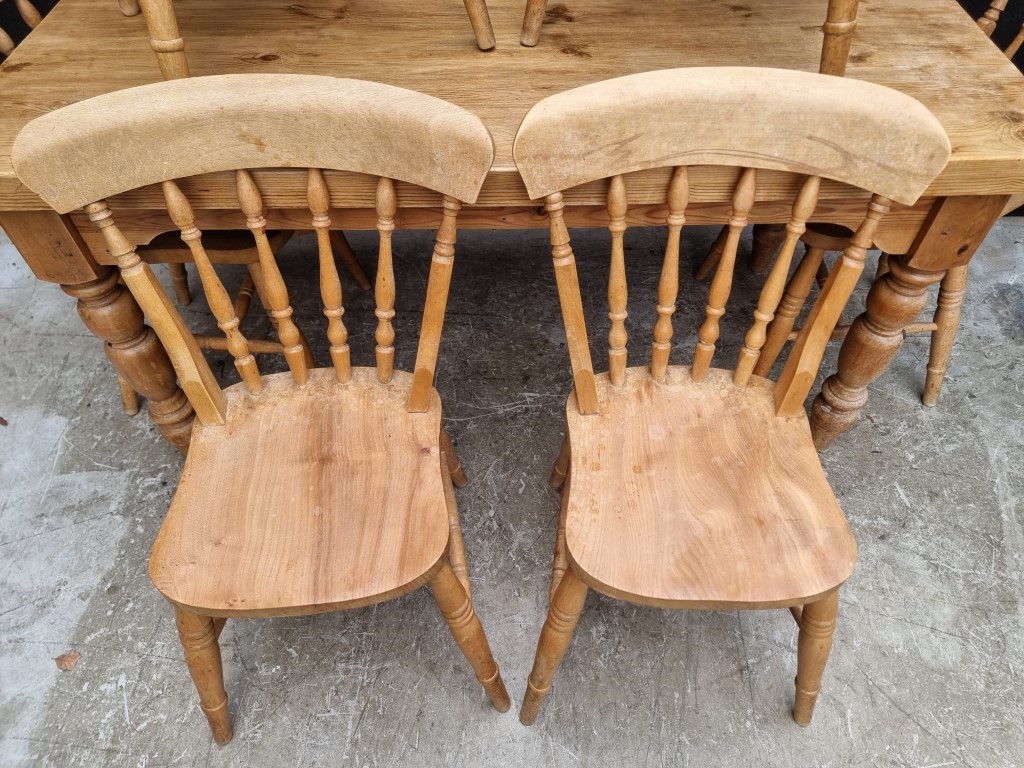 A pine kitchen table and six chairs, the table 152cm long. - Image 2 of 5