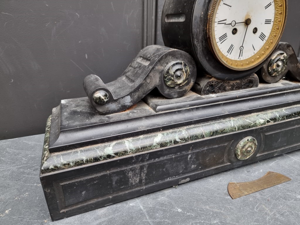 A large late 19th century slate and marble mantel clock, 64cm wide. - Image 5 of 7