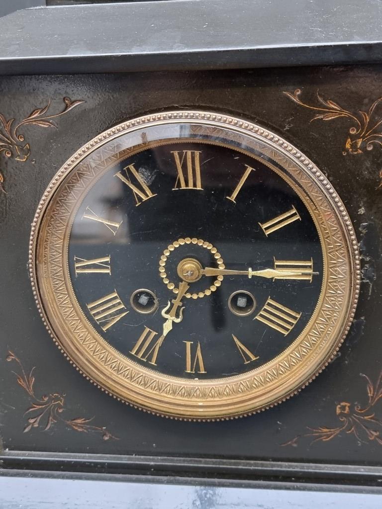 A late Victorian slate and brass mantel clock, 28.5cm high; together with a similar pair of side - Image 2 of 8