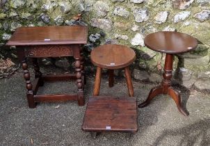 A reproduction oak joint stool, 46cm wide; together with an oak three legged stool; an unusual