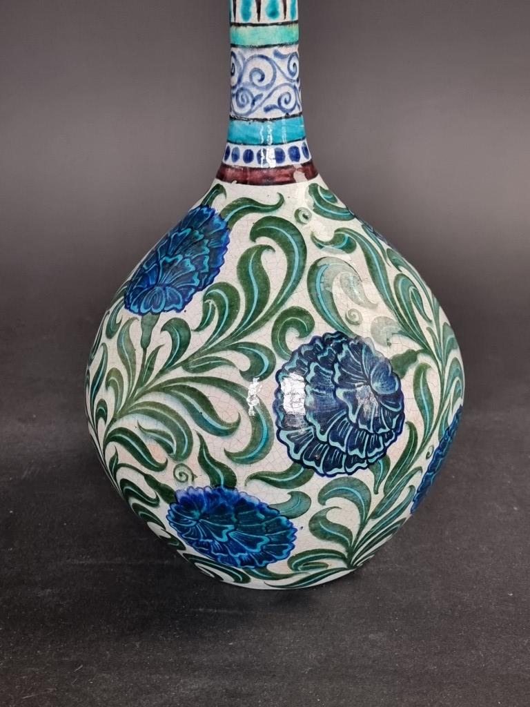A William de Morgan pottery bottle vase, painted with Persian style flowers, 32cm high. - Image 5 of 8