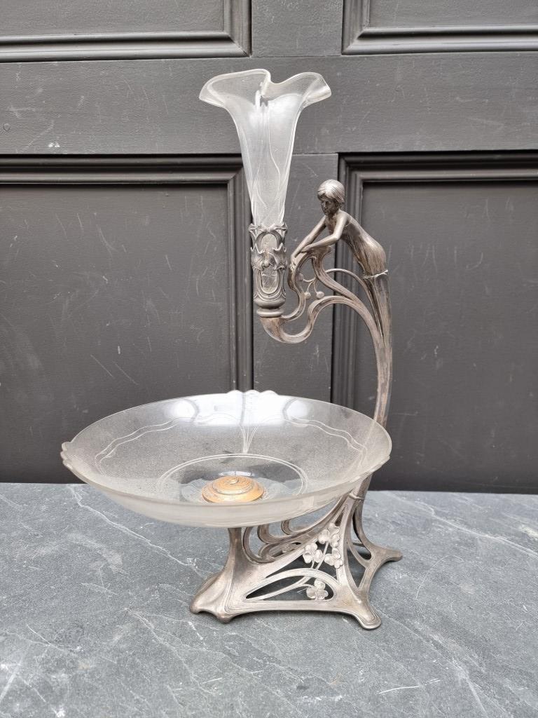 A WMF style electroplated and glass centrepiece, total height 41cm, (glass vase associated).