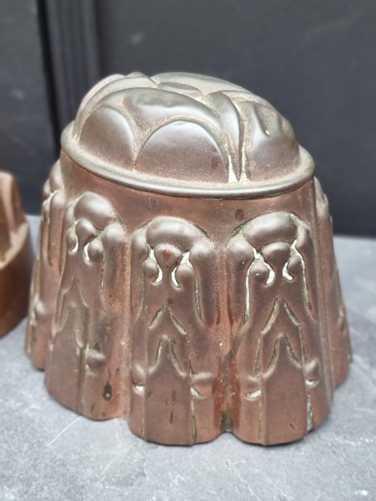 Three antique copper jelly moulds, largest 14cm high. (3) - Image 2 of 5