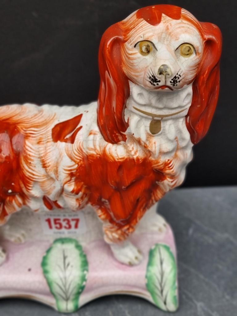 A rare Victorian Staffordshire pottery figure of a standing spaniel on pink cushion, 19.5cm high; - Image 6 of 9