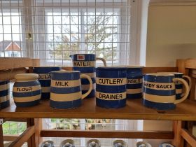 A small collection of modern T G Green & Co Cornishware jugs, jars and similar, largest 18cm. (8)