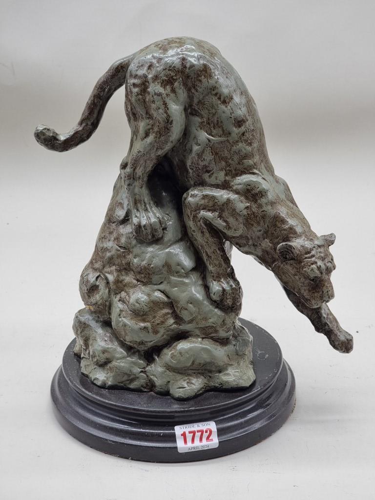 After Antoine-louis Barye, a patinated bronze panther, on marble base, 30cm high.