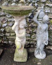 A composition stone figural birdbath, 90cm high; together with another similar figural fountain,