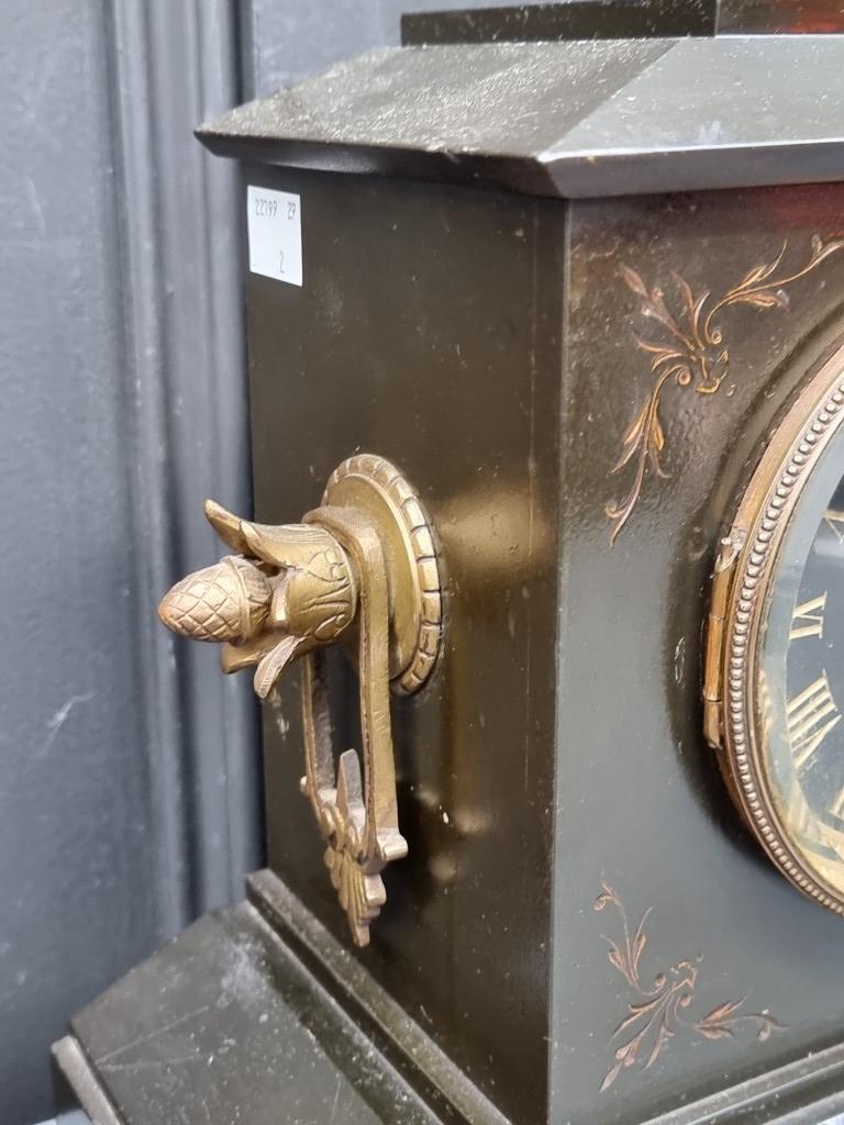 A late Victorian slate and brass mantel clock, 28.5cm high; together with a similar pair of side - Image 3 of 8