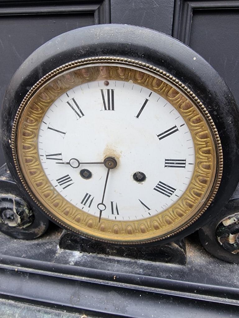 A large late 19th century slate and marble mantel clock, 64cm wide. - Image 2 of 7