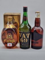 Three old bottles of blended Whisky, comprising: an old 26 2/3 fl.oz. bottle of VAT 69; a 26 2/3