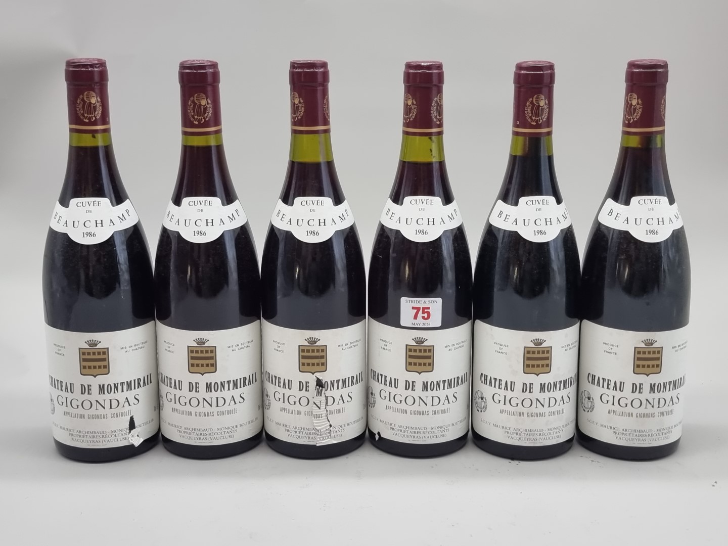 Six 75cl bottles of Gigondas Cuvee Beauchamps, 1986, Chateau de Montmirail. (6)