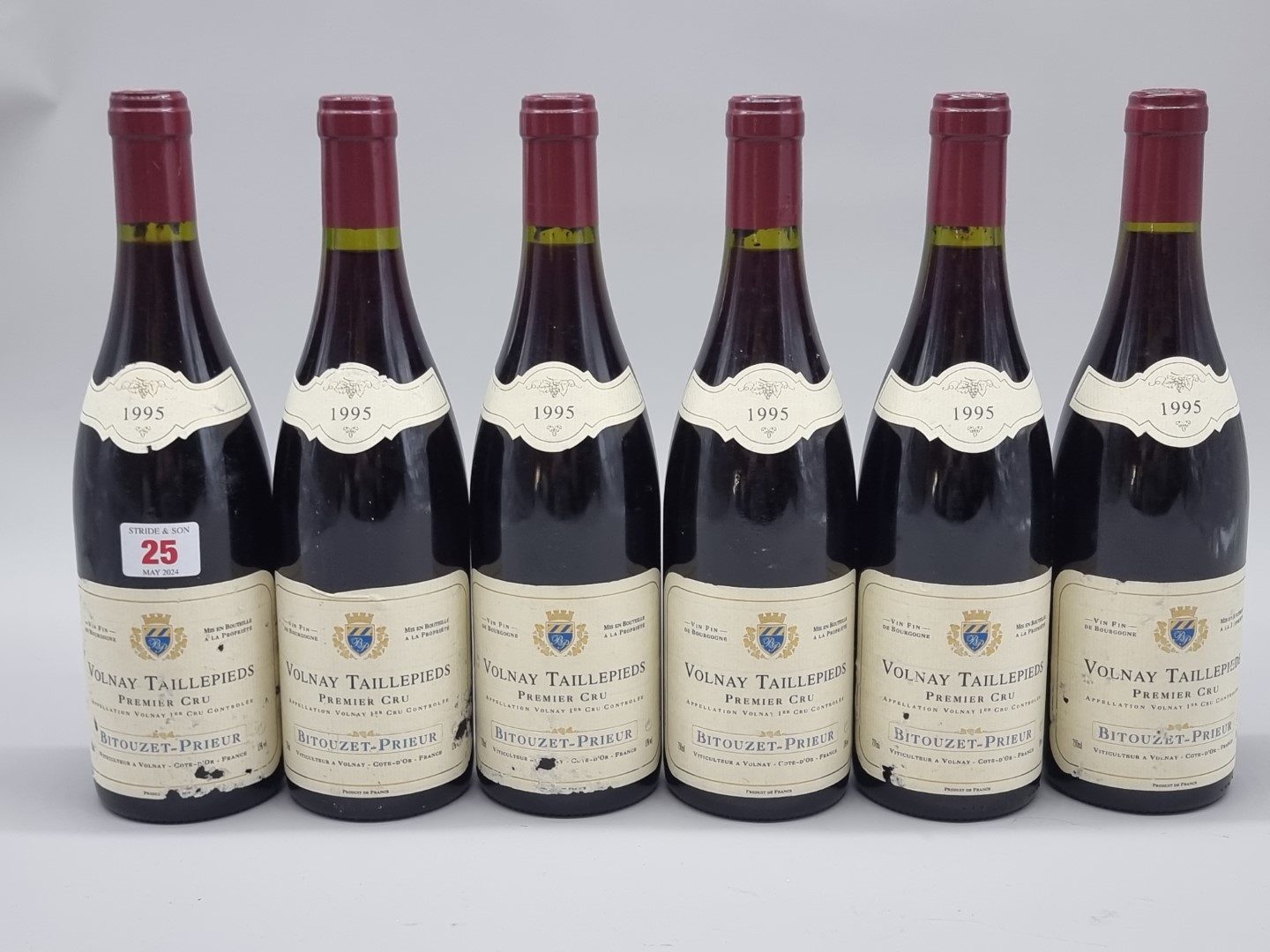 Six 75cl bottles of Volnay Taillepieds 1er Cru, 1995, Bitouzet-Prieur. (6)