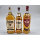 Three bottles of blended Whisky, comprising: a 1 litre Grant's; a 1 litre Teacher's; and a 70cl