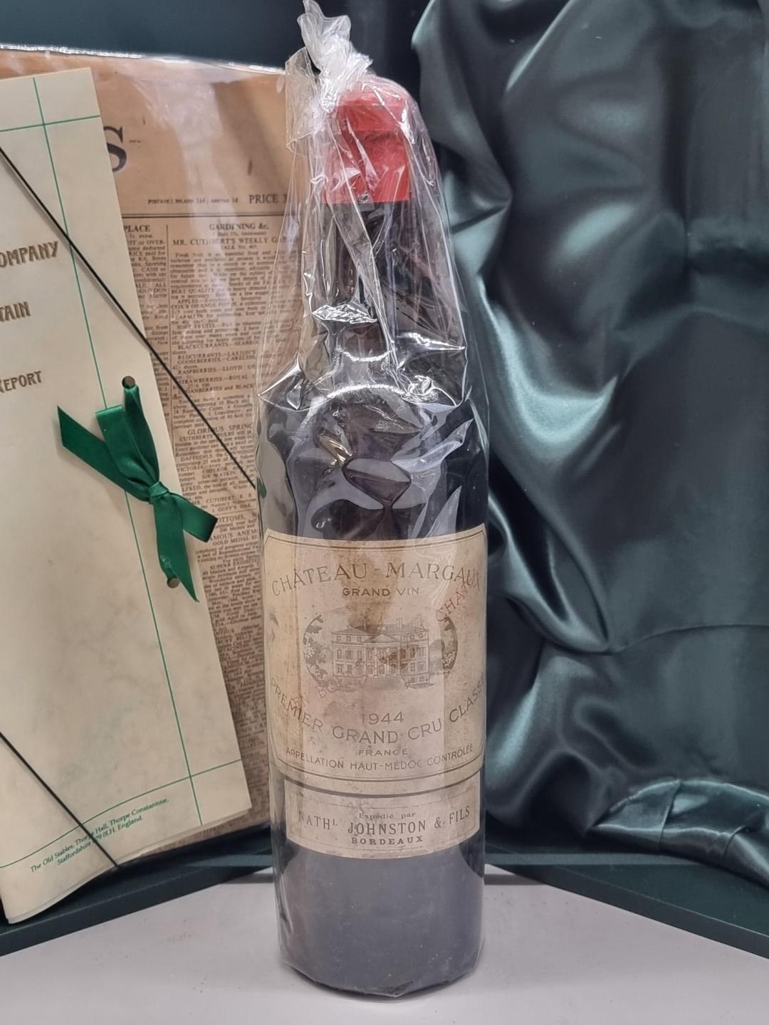 A bottle of Chateau Margaux, 1944, in presentation box, with certification and The Times, - Image 2 of 4