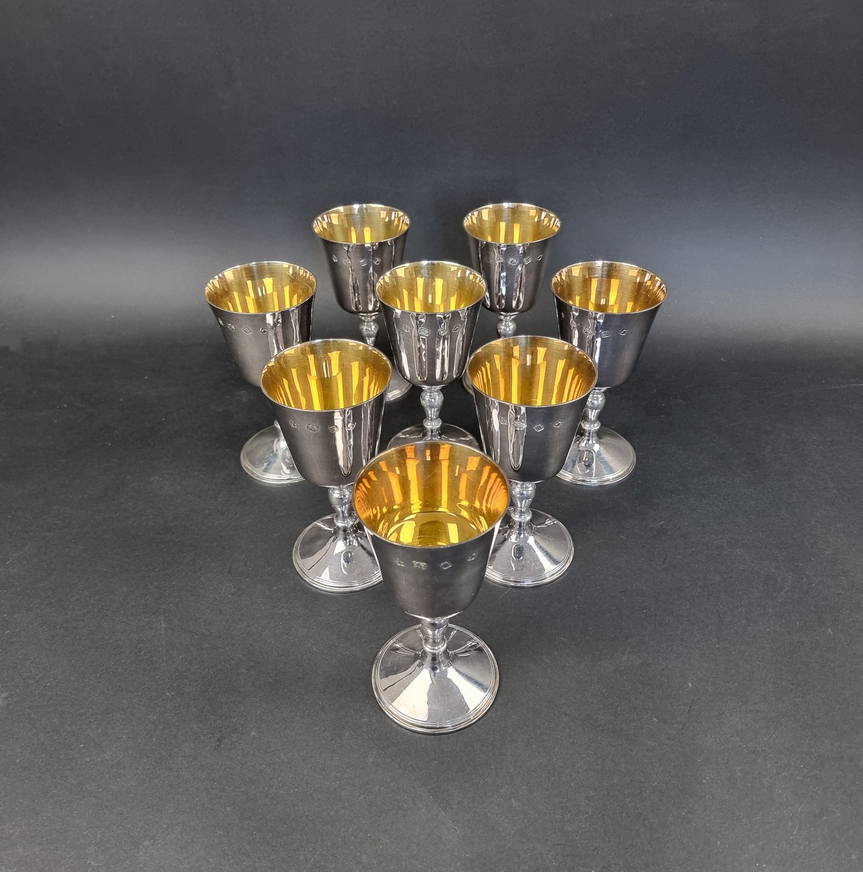 A good cased set of eight silver goblets, by A Haviland-Nye, London 1972, with gilt interiors, 14.