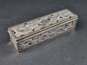 A Chinese white metal rectangular casket, by Wang Hing, stamped 'WH 90', 16cm wide.