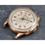 A Chronographe Suisse 18ct gold manual wind wristwatch, 37mm, lacking strap.