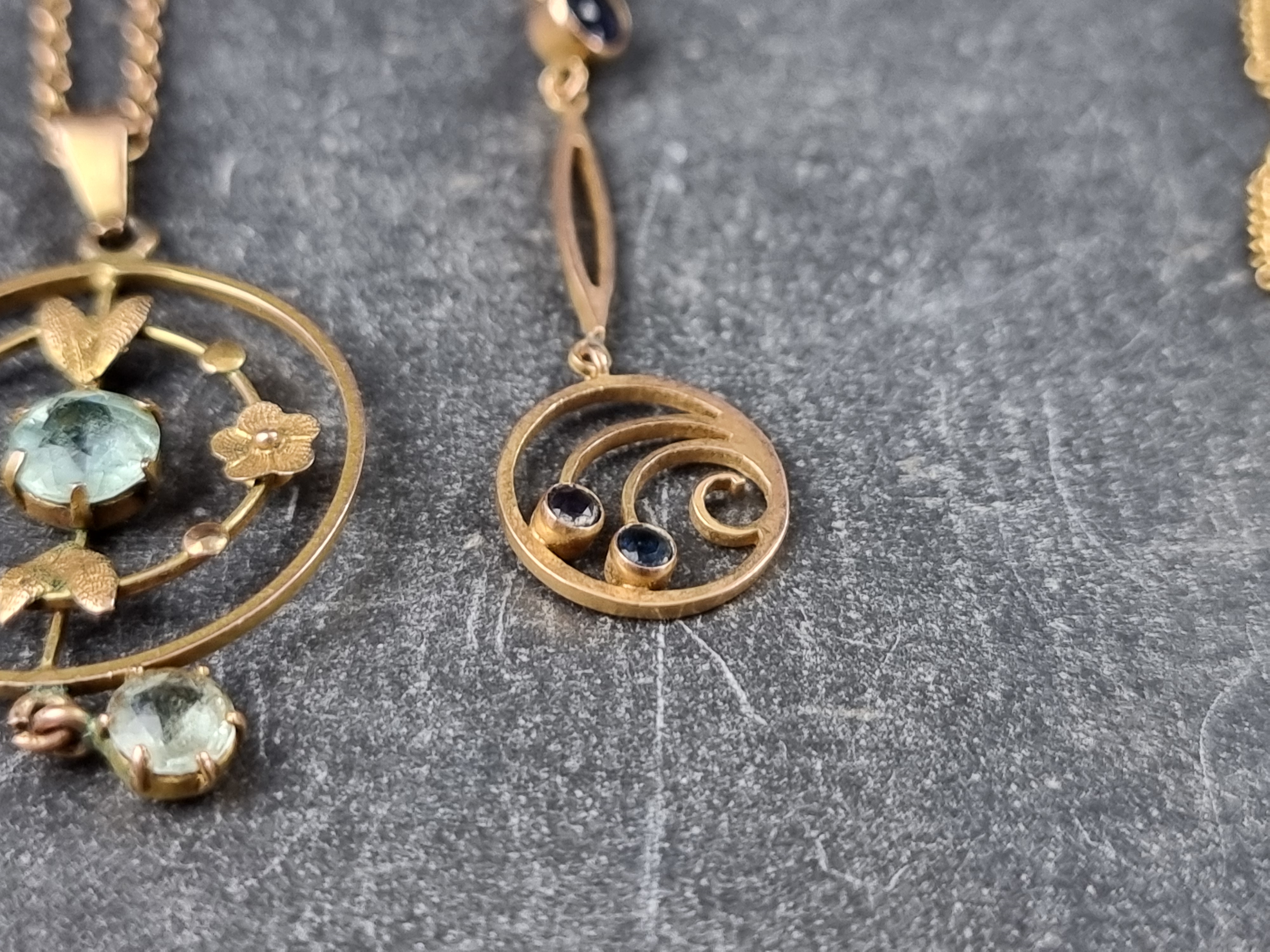 Two gem set yellow metal pendants, on fine chains, all stamped '9ct'. - Image 3 of 3