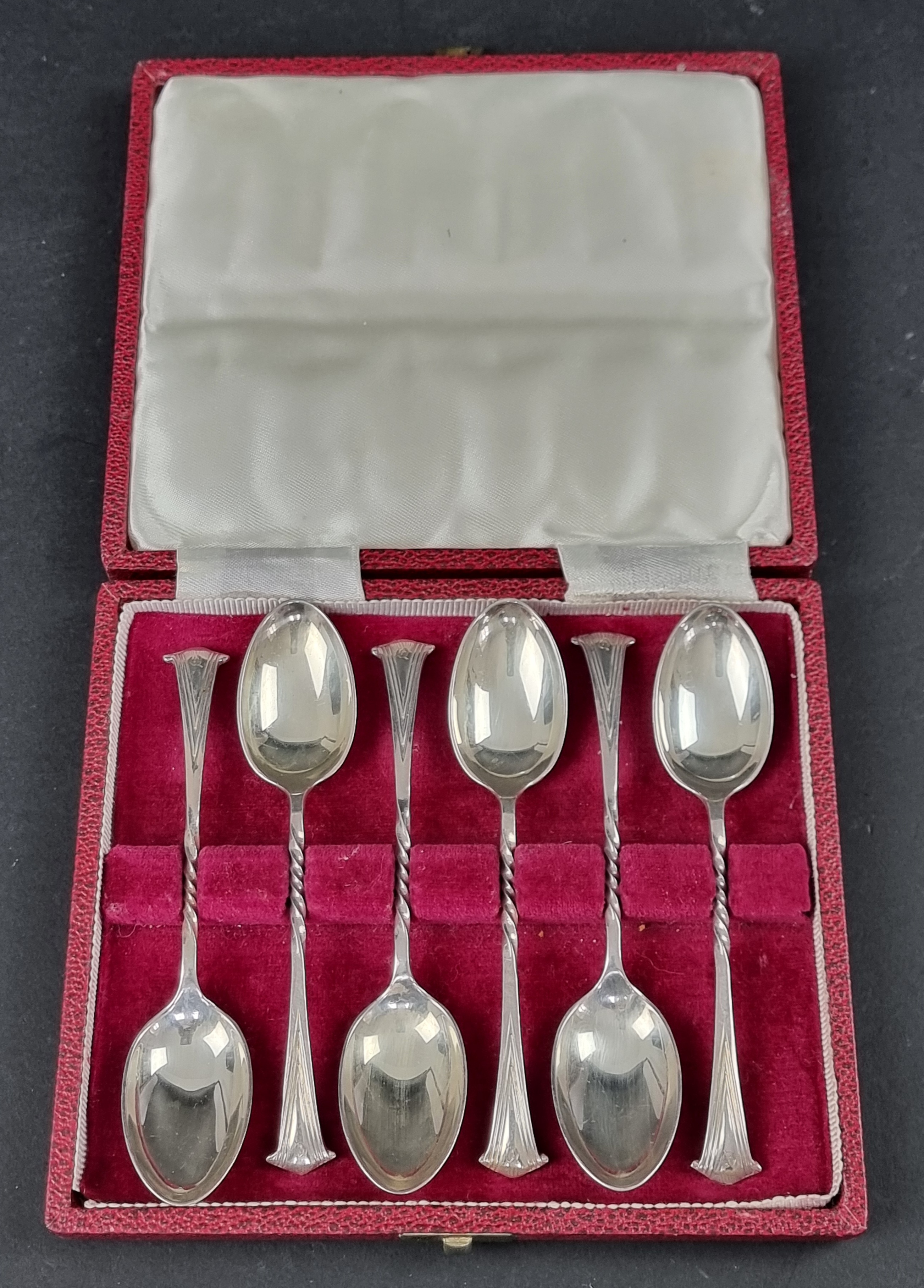 A cased set of six Victorian silver coffee spoons, by Atkin Brothers, Sheffield 1890, 80g.