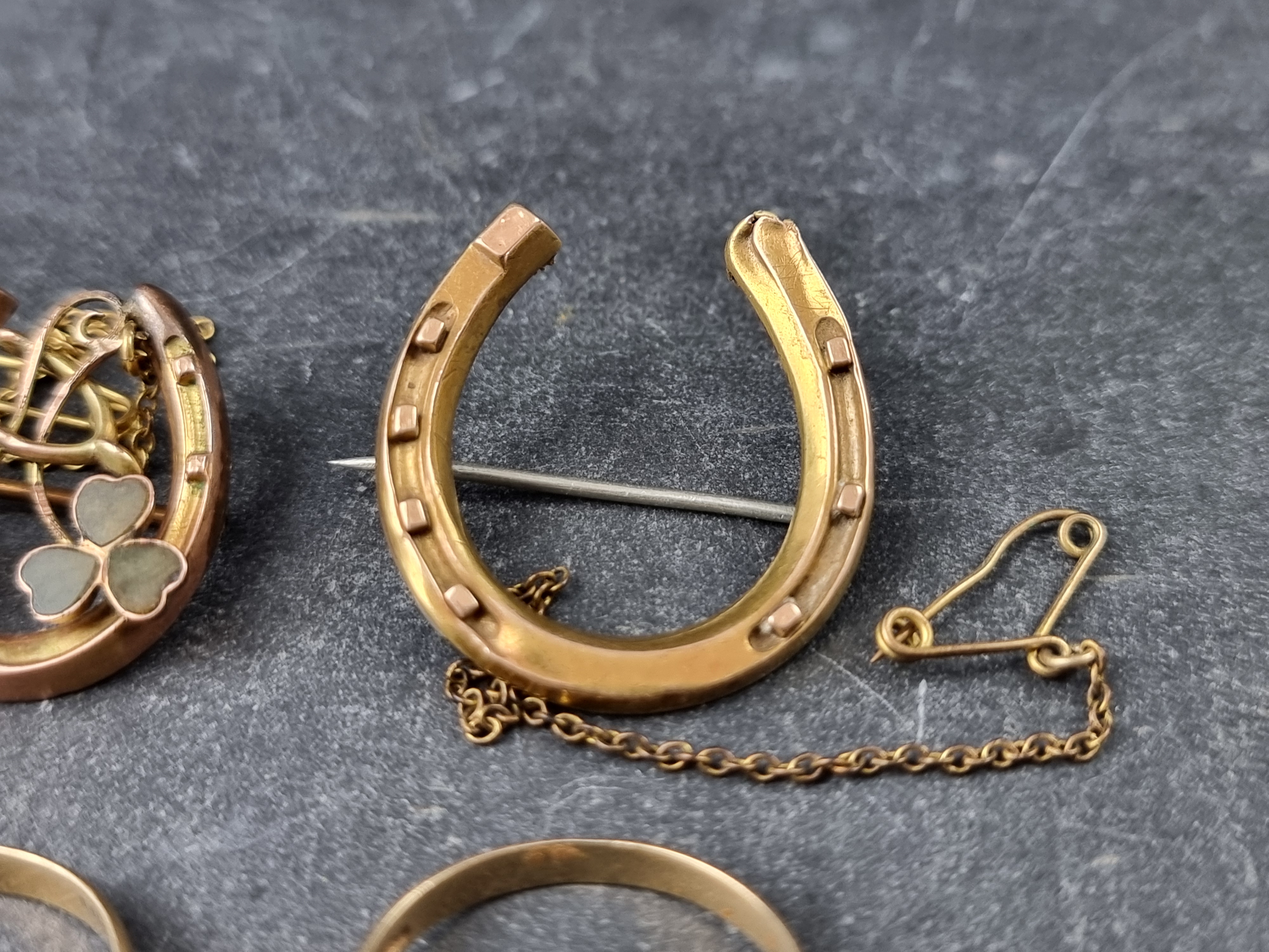 Two 9ct gold signet rings and a 9ct gold horseshoe brooch, 9.4g; together with a pair of yellow - Image 3 of 4