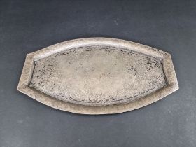 A Persian white metal tray, 34cm wide.