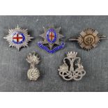 Five silver and white metal regimental sweetheart brooches.
