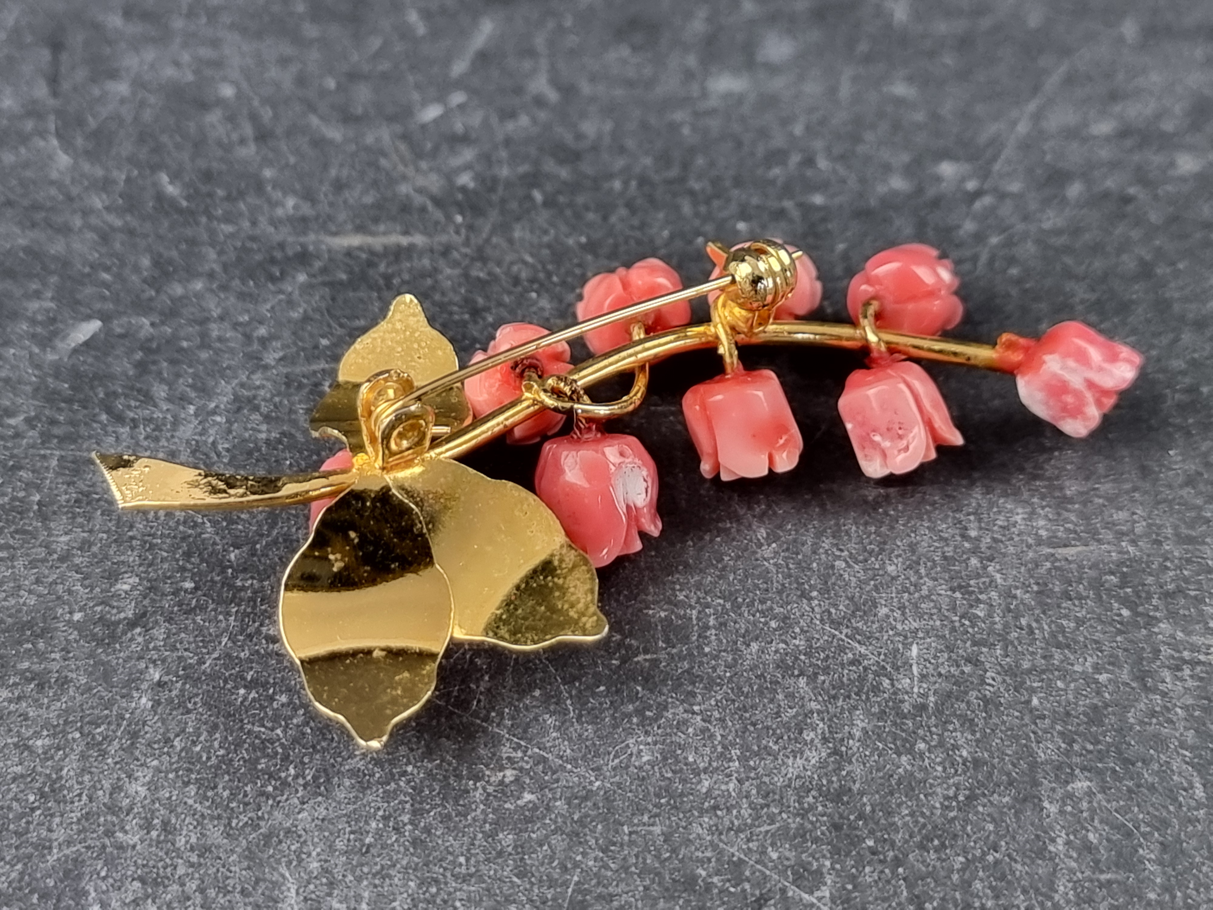 An Eastern gold plated and carved coral floral brooch, 64mm high. - Image 4 of 4