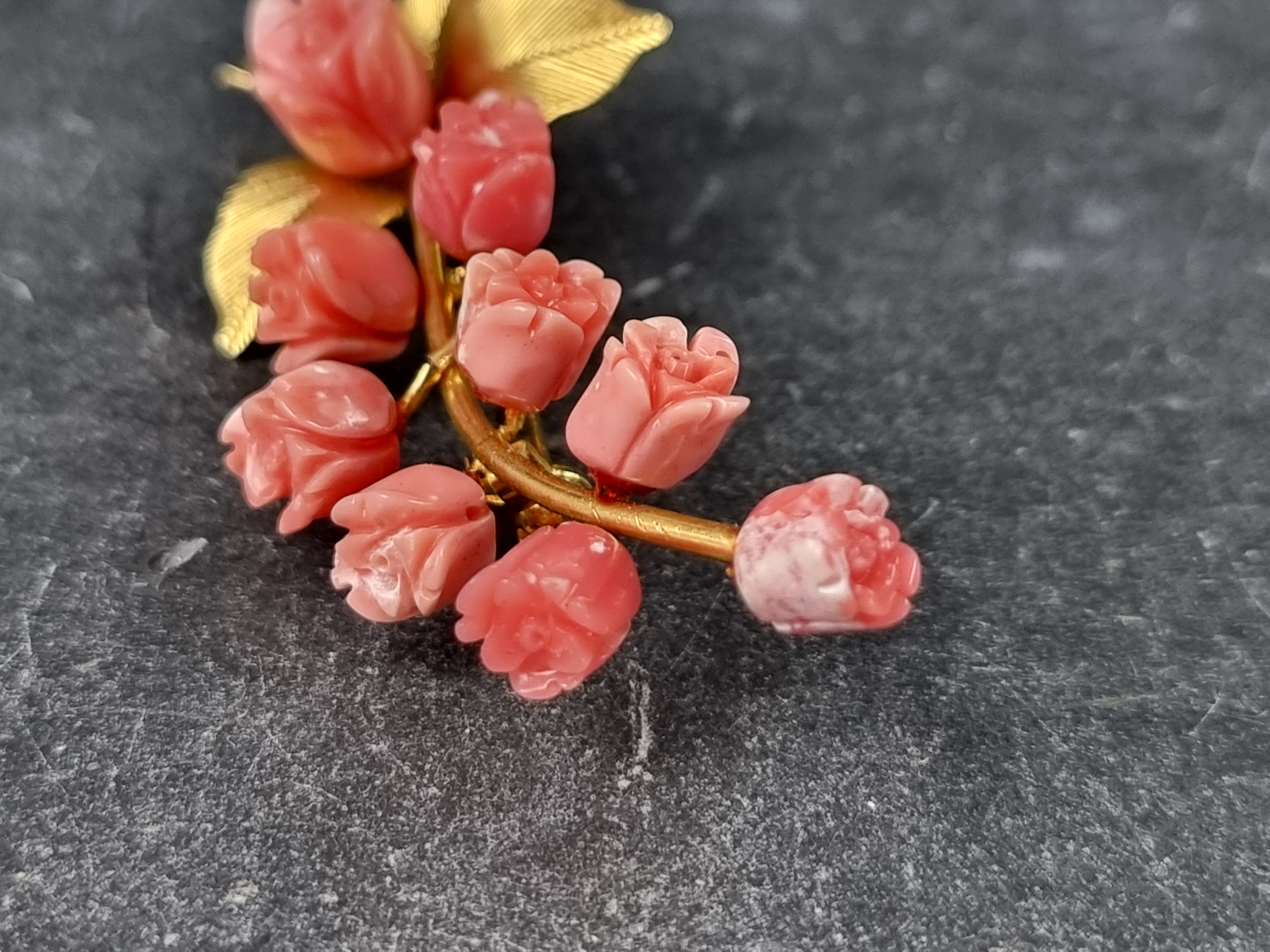 An Eastern gold plated and carved coral floral brooch, 64mm high. - Image 3 of 4