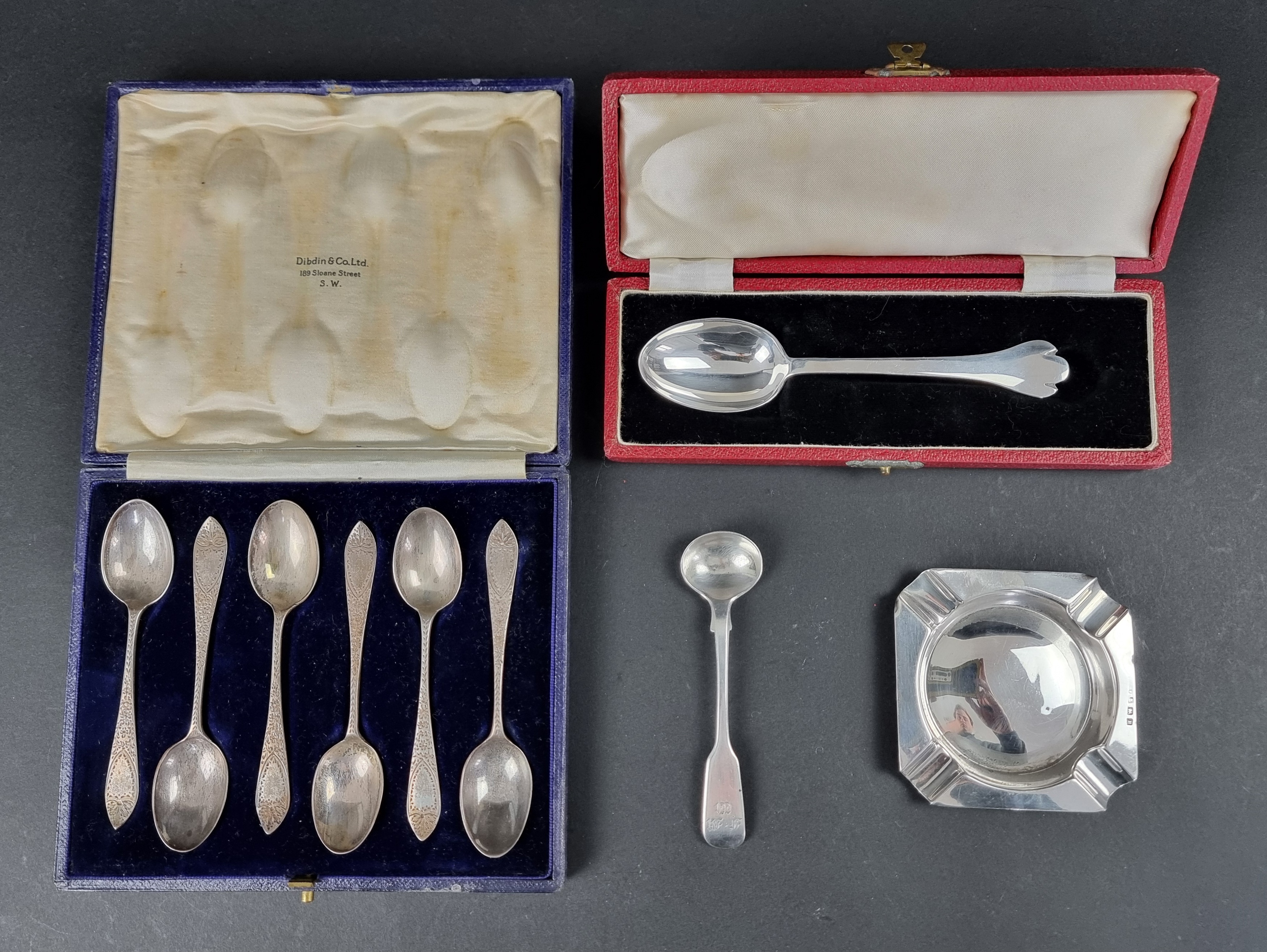 A cased set of six silver teaspoons, by Richard Bayley, London 1917; together with three other