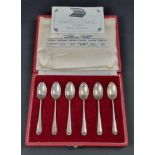 A cased set of six 'British Hallmarks' rat tail teaspoons, by Roberts & Belk Ltd, 1952, 79g.