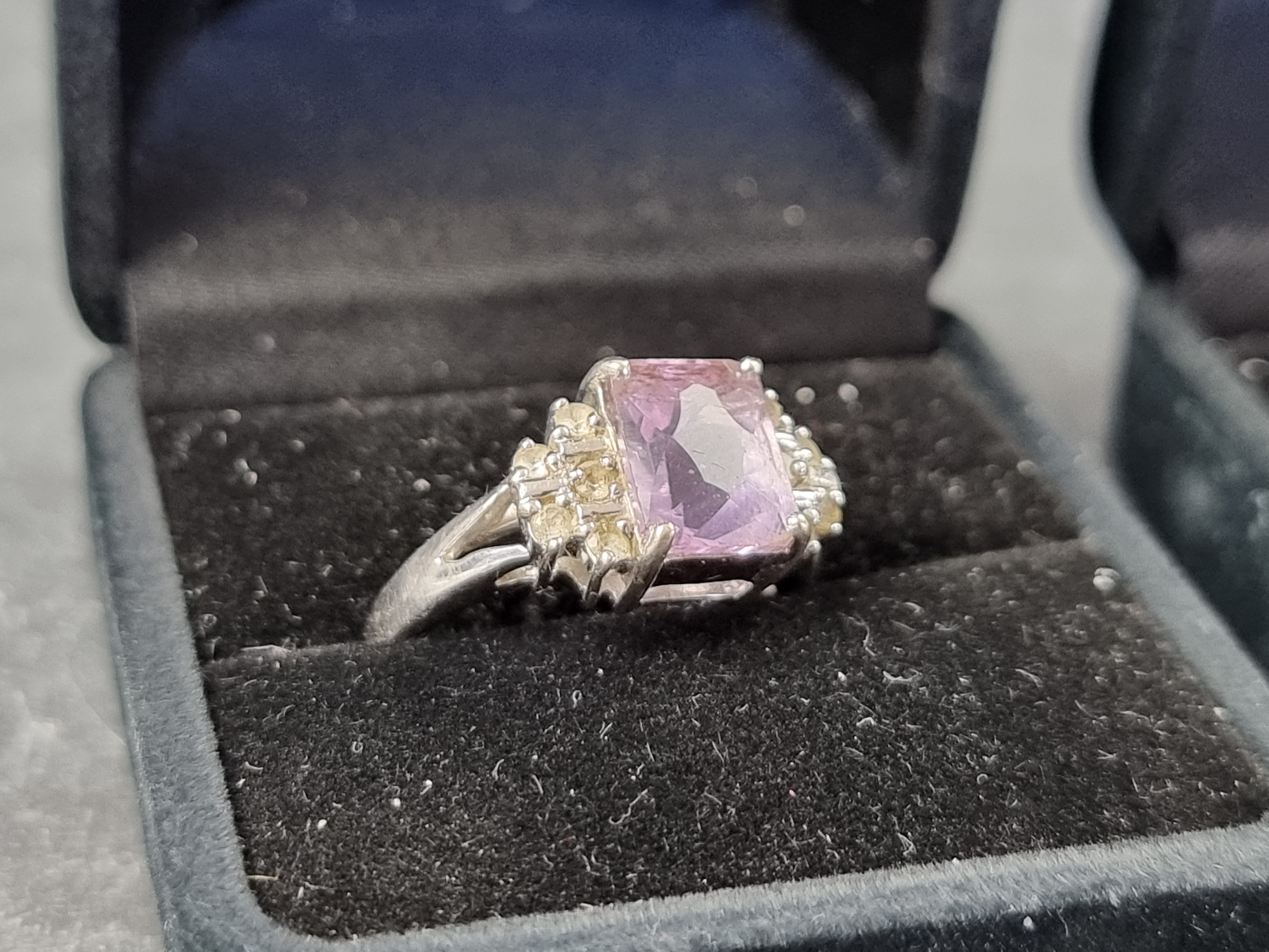 A 9ct white gold ring, set amethyst and diamonds, size N, gross weight 4.5g; together with a white - Image 2 of 3
