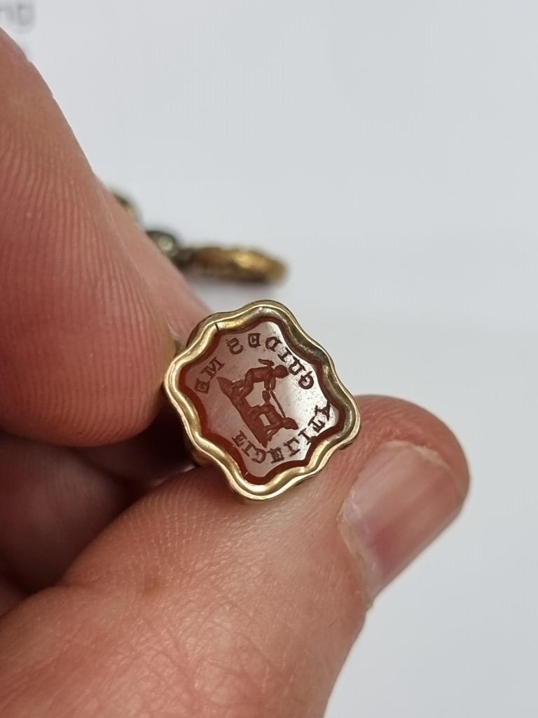 A 19th century gold plated fob seal, inset carnelian, intaglio carved with man walking leashed dog - Image 5 of 6