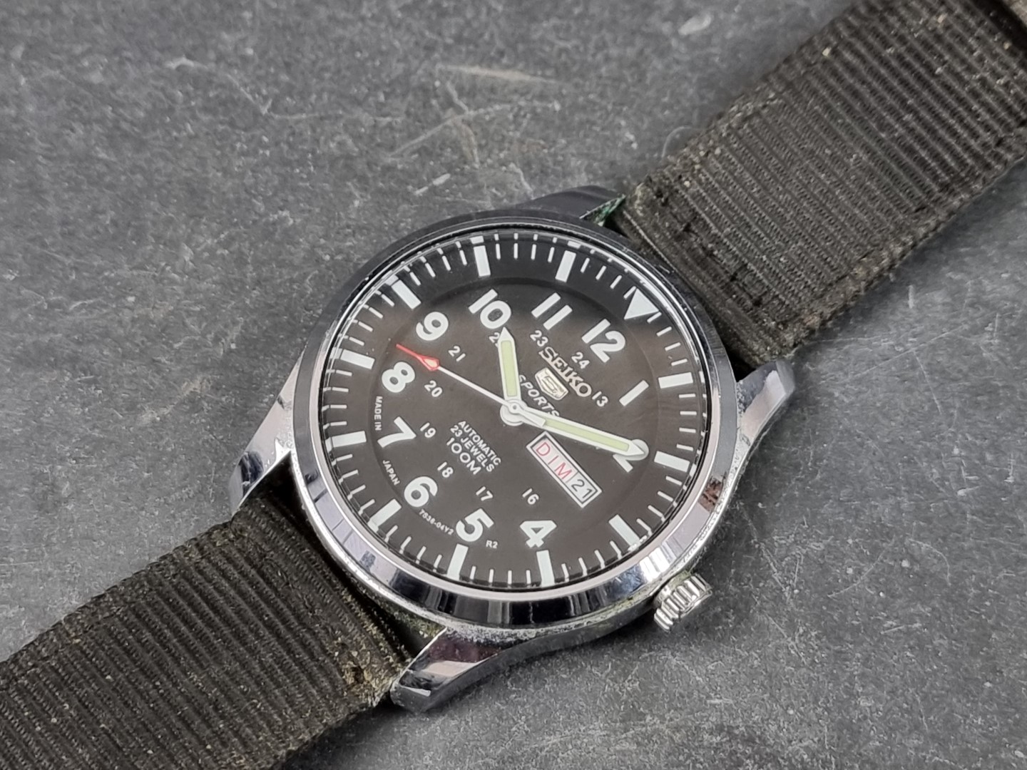 A Seiko 5 Sports stainless steel automatic wristwatch, 41mm, on black Nato strap.
