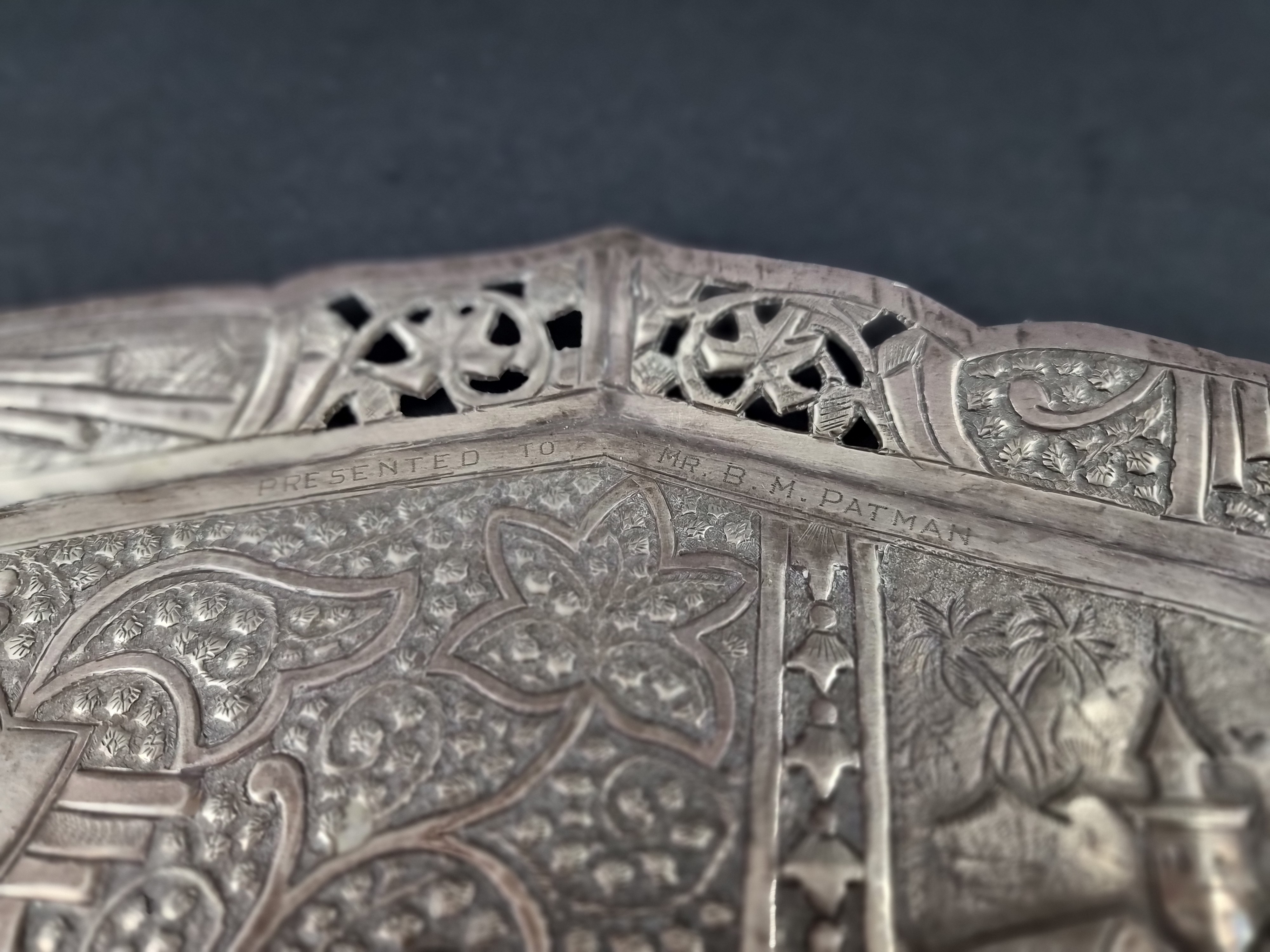 An Indian white metal tray, stamped 'T94', 35cm wide. - Image 4 of 4