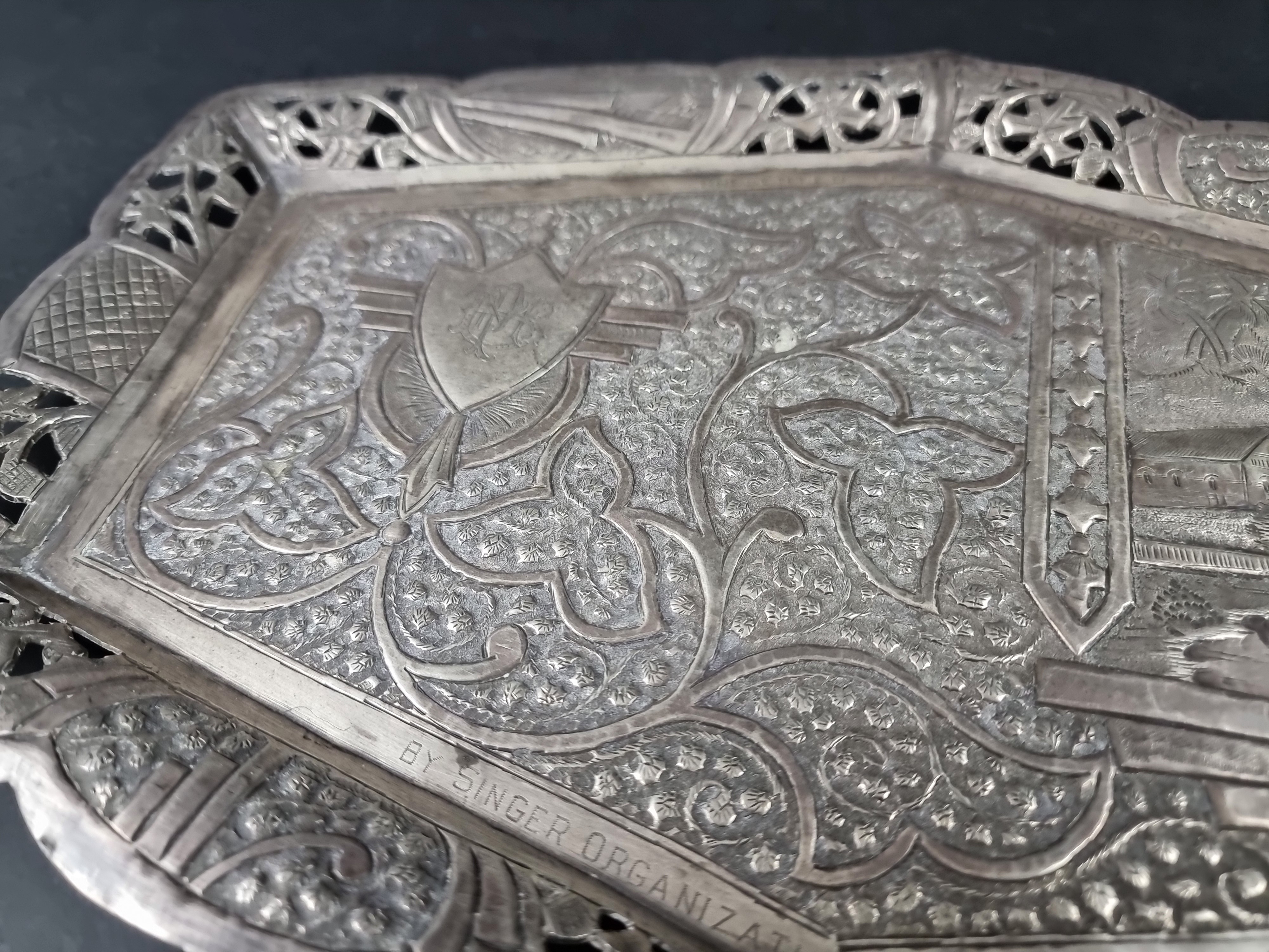 An Indian white metal tray, stamped 'T94', 35cm wide. - Image 3 of 4