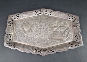 An Indian white metal tray, stamped 'T94', 35cm wide.