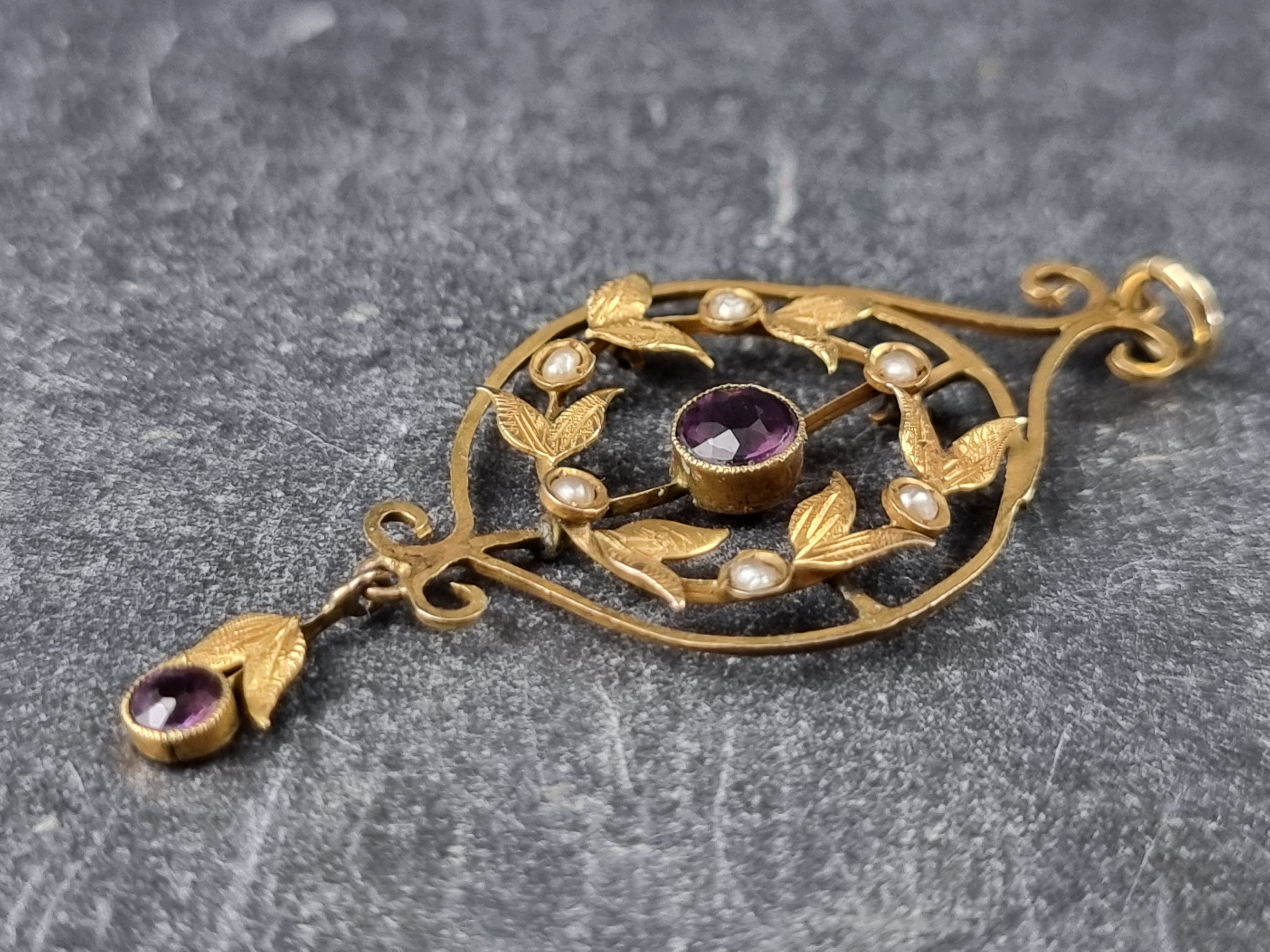 A late Victorian yellow metal, amethyst and pearl pendant, 46mm high. - Image 2 of 3